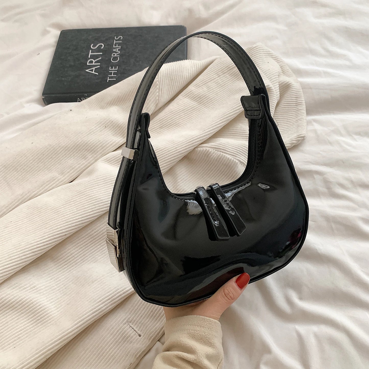 Women's Bag Patent Leather Tote Bag Fashion Shoulder Bag Versatile Crescent Bag
