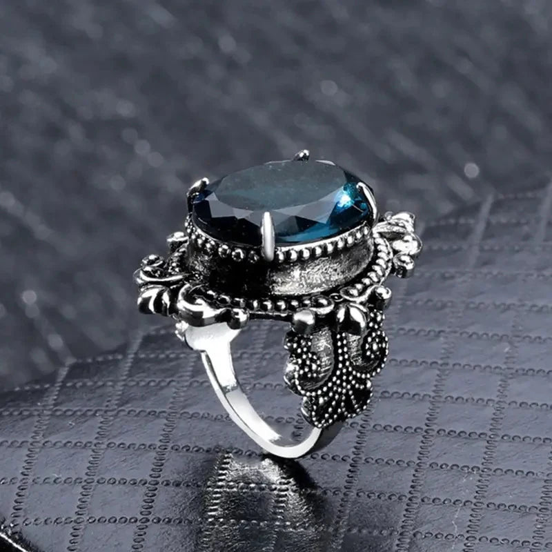 Pattern Vintage Women Rings with Oval Blue CZ Stone Retro Female Rings for Party