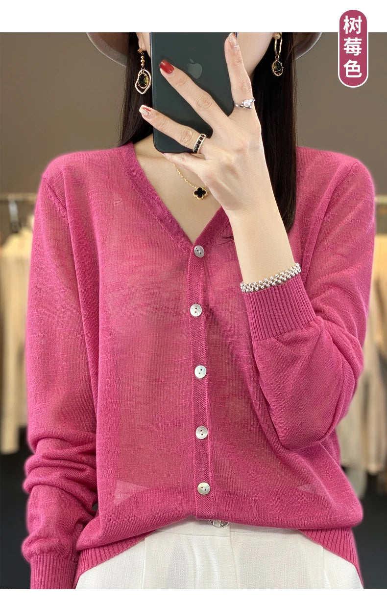 Summer Sunscreen Ice Silk Cardigan Women's V-Neck Long Sleeve Loose Knitted