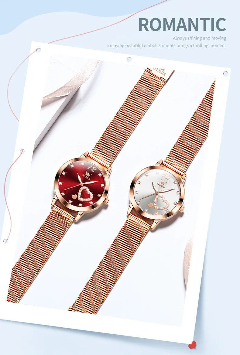 OLEVS 5189 Women's Watch Quartz Wristwatch Casual Fashion Watch for Ladies Waterproof Luminous Mesh Belt Love Dial Zircon Scale