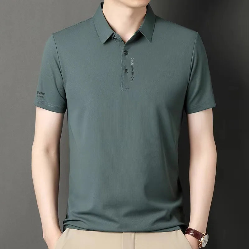2025 Men's Short Sleeve Solid Color Polo Shirt Breathable Comfortable Elastic Top New Arrivals Casual Business Style