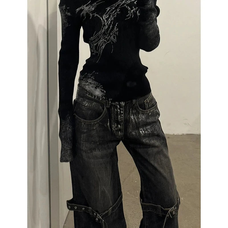 Black Women's Jeans High Waist Hip Hop Straight Fashion Pants Streetwear