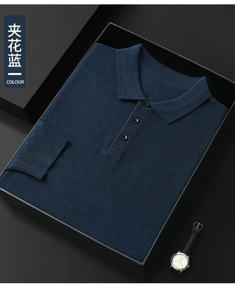 Spring Autumn Men Shirt  Merino Worsted Wool Knitted Pullover Long Sleeve Polo-Collar Clothing Tops Smart Casual Thin Outerwears