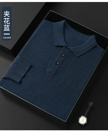 Spring Autumn Men Shirt  Merino Worsted Wool Knitted Pullover Long Sleeve Polo-Collar Clothing Tops Smart Casual Thin Outerwears