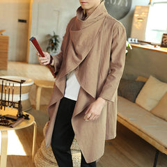 Men Retro Jackets Trench Windbreaker  Solid Scarf Collar Casual Irregular  Long Sleeve