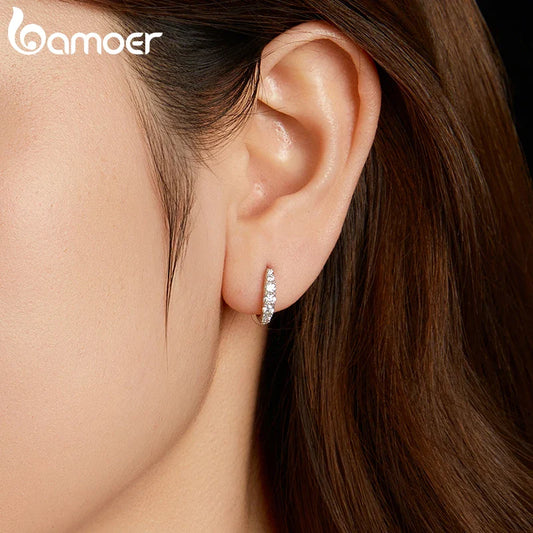 BAMOER Moissanite Huggie Hoop Earrings for Women, 925 Sterling Silver Hypoallergenic Earrings with White Gold Plated MSE092