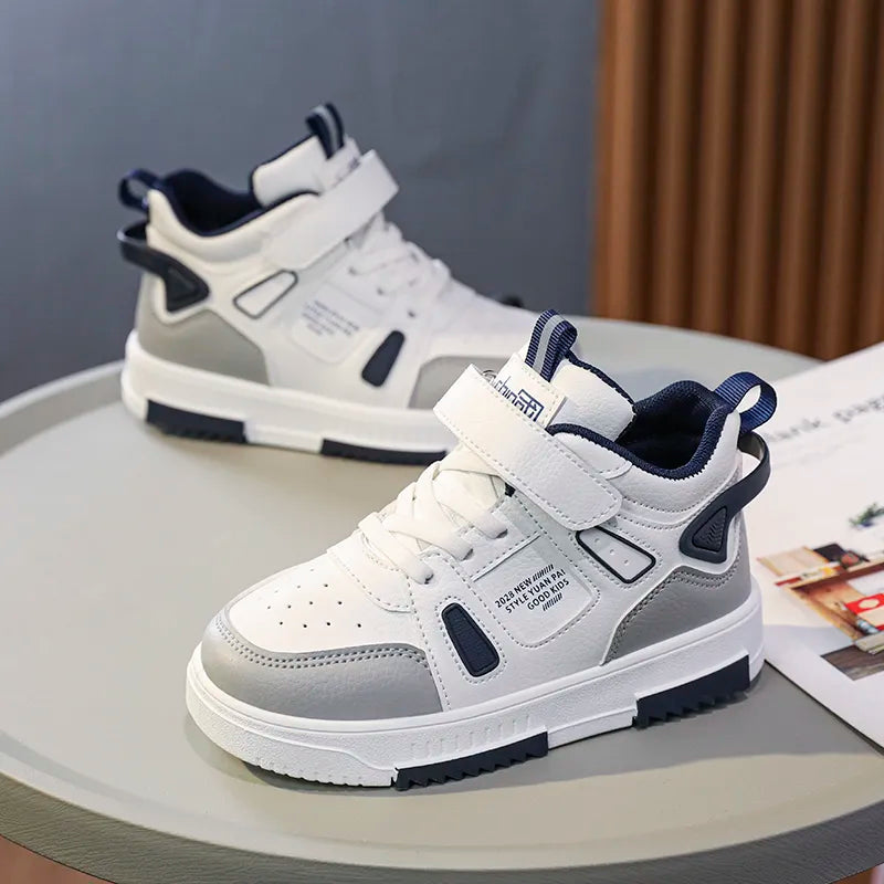 Fashion Kids Sneakers Casual Shoes Boys High Top Leather Waterproof Board Shoe