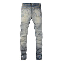 Men Painted Stretch Denim Biker Jeans Streetwear Cracked Patch Patchwork