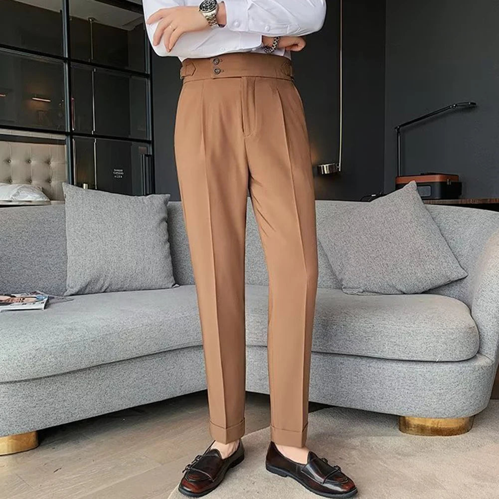 Male Trousers Suit Pants Spring Summer British Style Polyester Slight Stretch Slim Straight