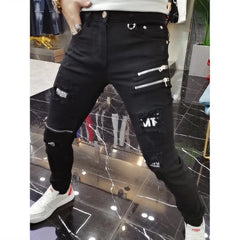 Men's High Street Korean Black Jeans with Zipper Distressed