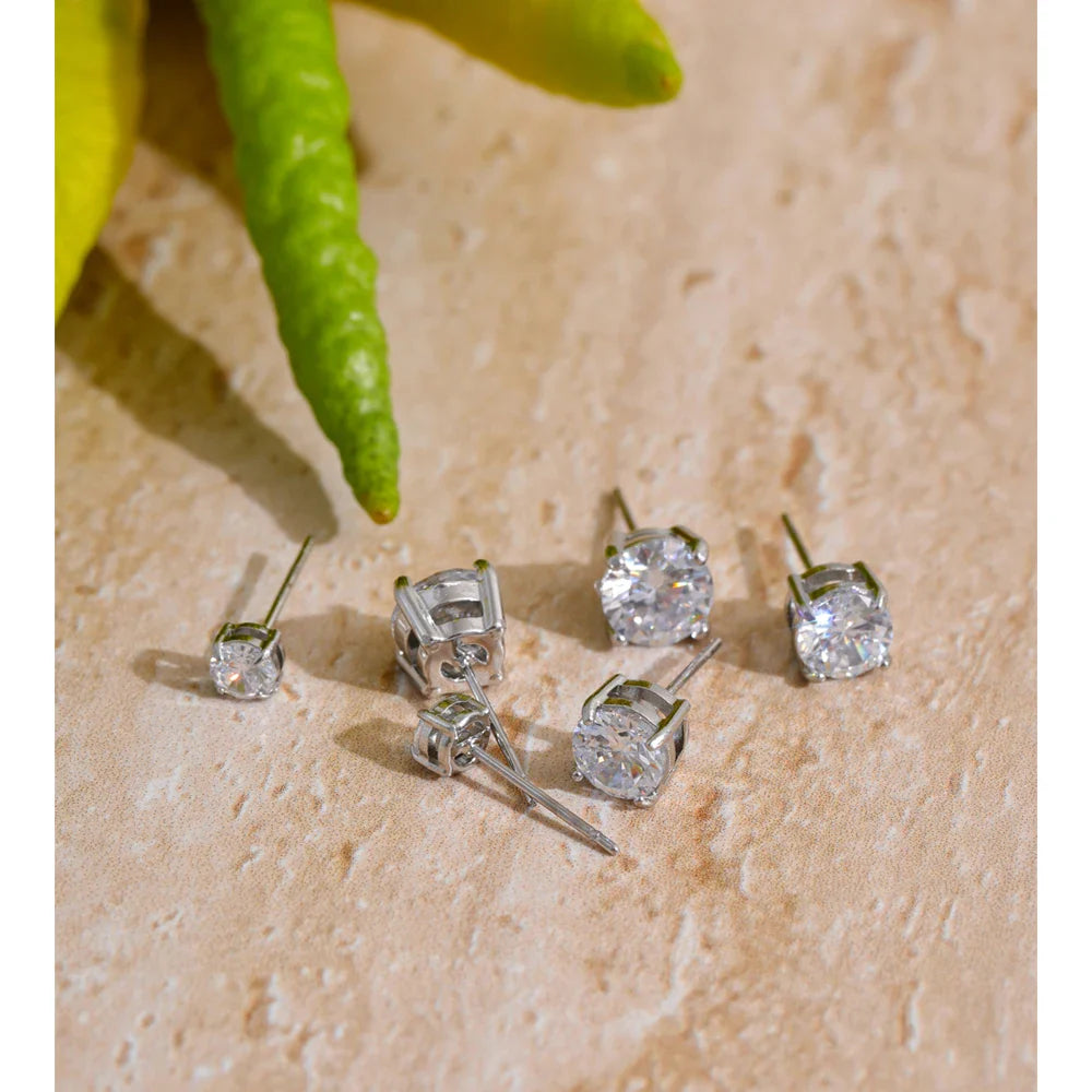 Yhpup 1Set High Quality Shiny Cubic Zirconia Round Stud Earrings Daily Stainless Steel Versatile Premium Jewelry Party Gift