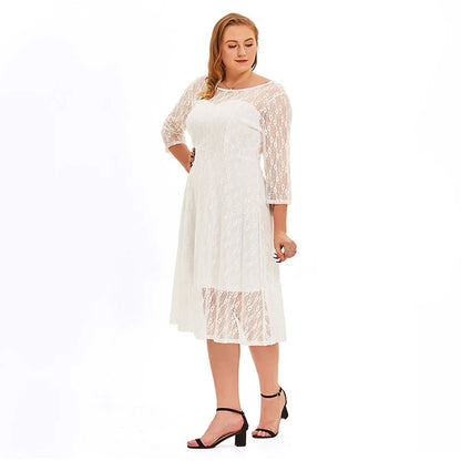 White Plus Size Dresses For Women 2023 Elegant Formal Lace Half Sleeve Midi Sexy Dress For Wedding Casual Loose Evening Dresses