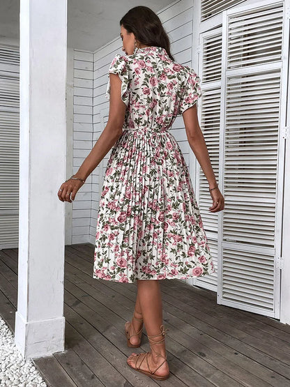 JIM & NORA New Fashion Boho Floral Printed Pleated Short Sleeve Midi Dress Spring Summer Beach Party Lady