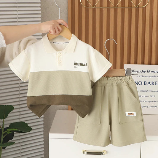 Boys' short sleeved Set Children's Color blocked POLO shirt Casual shorts Two-piece Set Comfortable clothes For Boys' Babies