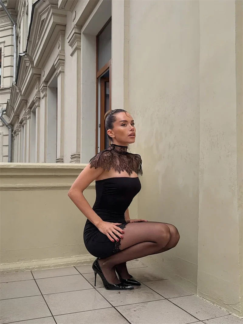 Mozision Lace Backless Sexy Mini Dress Women Gown Elegant See Through Turtleneck Sleeveless Bodycon Club Party Dresses Female