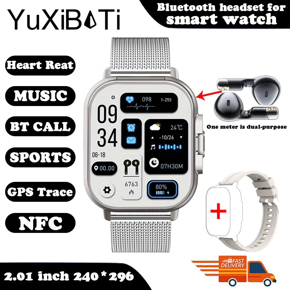 NFC Smart Watch TWS 2-in-1 Headset Bluetooth Call Heart Rate Blood Pressure Health Monitoring Headphones Play Music Smartwatch