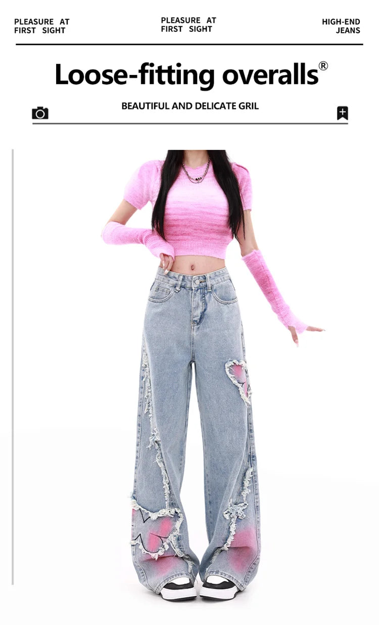 Blue Womens Jeans Butterfly High Waist Straight Baggy Denim Pants American