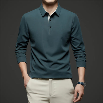 New Men's Business Casual  Long Sleeve Solid Color Polo Shirt Fashionable Warm Comfortable Four Seasons Versatile Top