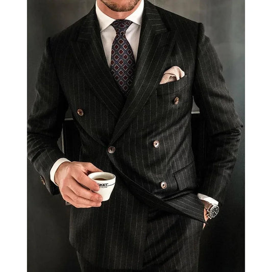Tuxedo for Mens: Black Striped Men Suits Slim Fashion Peak Lapel Double Breasted