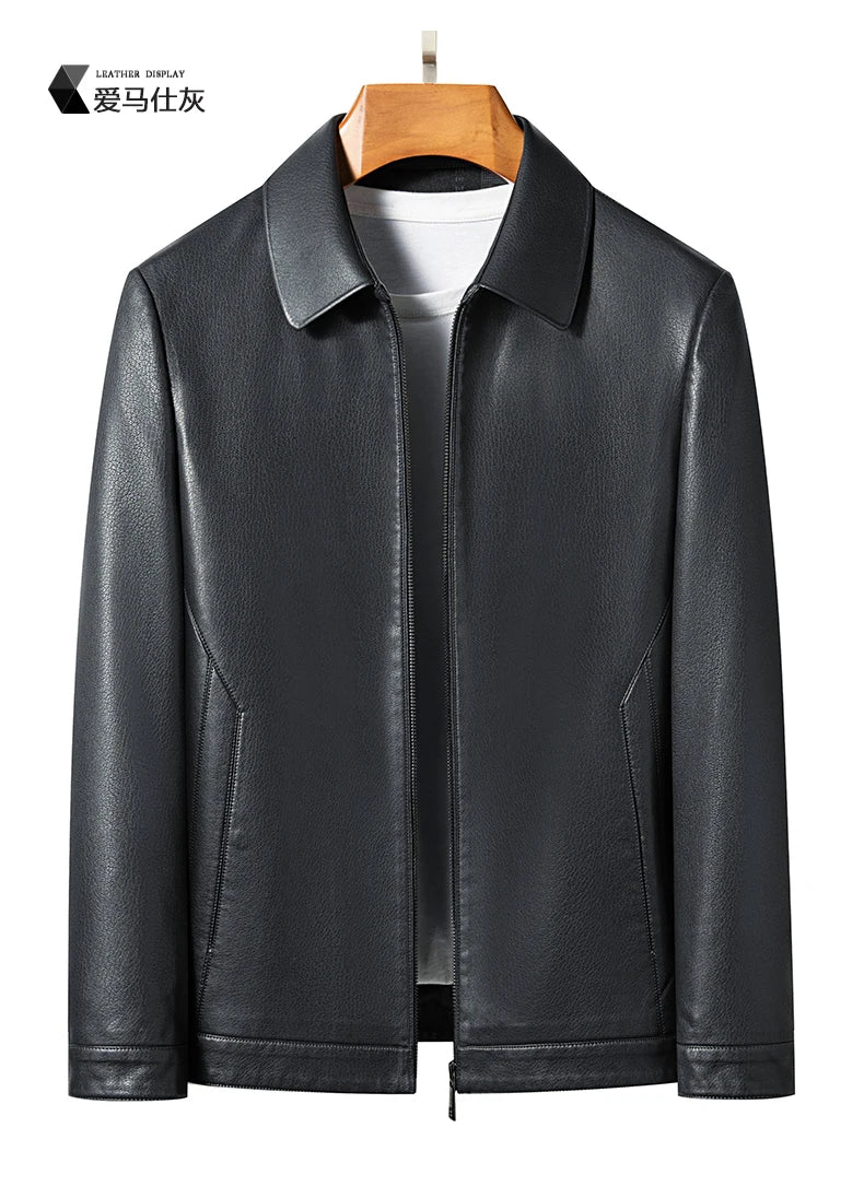 Spring and Autumn Men's Genuine Leather Polo Mock Neck Jacket Fashion