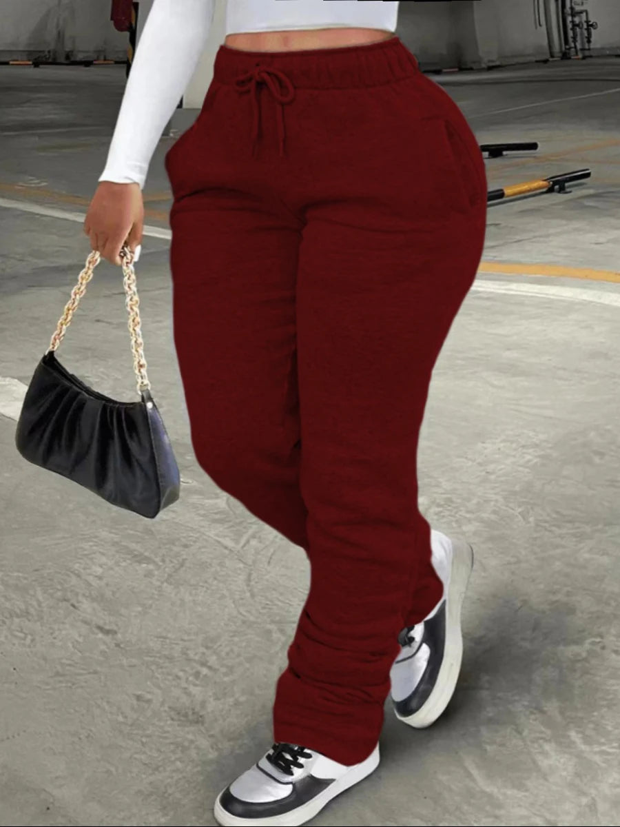 Plus Size Plain Pocket Sweatpants Mid Waist Drawstring Ruched Women Pants