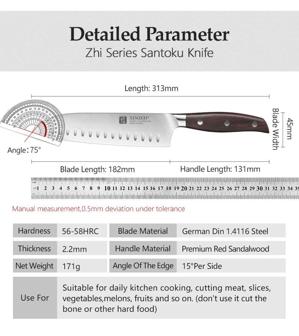 Stainless Steel 7'' Santoku Knife Din 1.4116 Slicing Chef Kitchen