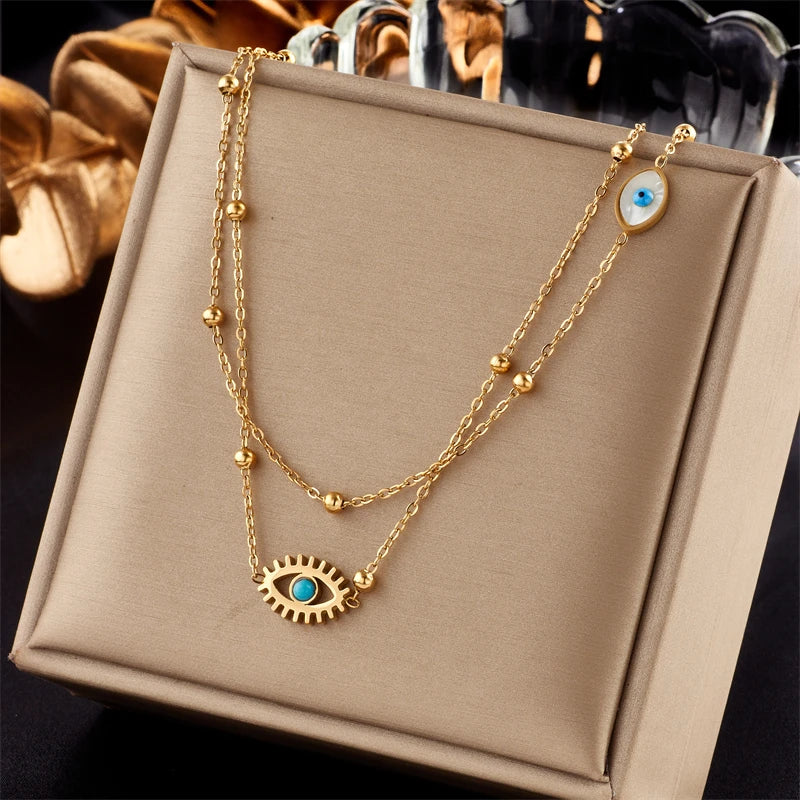 Stainless Steel Necklace Eye Double Chain Accessories for Women