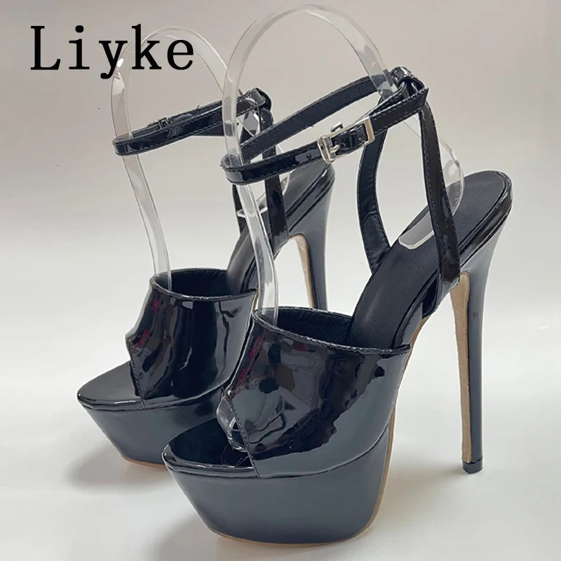 Liyke Summer 16 CM Super High Heels Sandals Women Platform Pumps Fashion Open Toe Buckle Strap Ladies Party Stripper Shoes Black