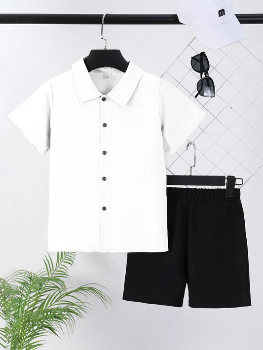 2pcs Boys & Teens Stylish Casual Outfit Set - Short Sleeve Loose Fit Shirts with Lapel Buttons & Breathable Shorts for Fun