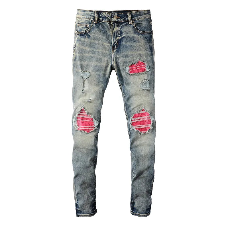 Men's Cracked Patch Biker Jeans Streetwear Pleated Patchwork Stretch Denim Pants