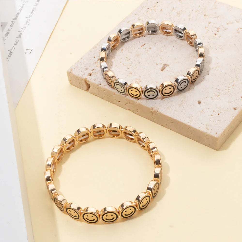 2024 New Happy Bangle Paved Diamond Enamel Beaded Bracelets For Women Boho Gold Color Elastic Bracelets