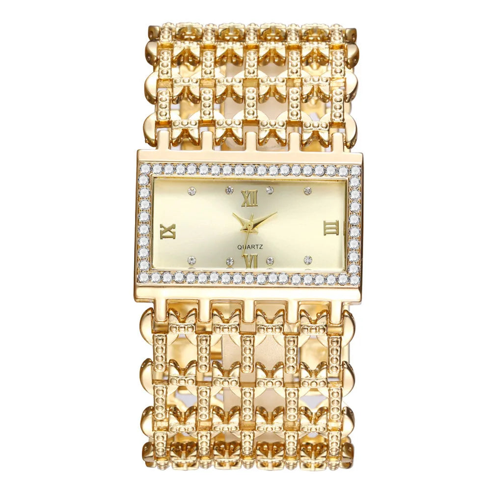 Luxury Ladies Simple Diamond Set Square Bracelet Quartz Watches Fashion Gold Stainless Steel Skeleton Women Clock Dress Watch