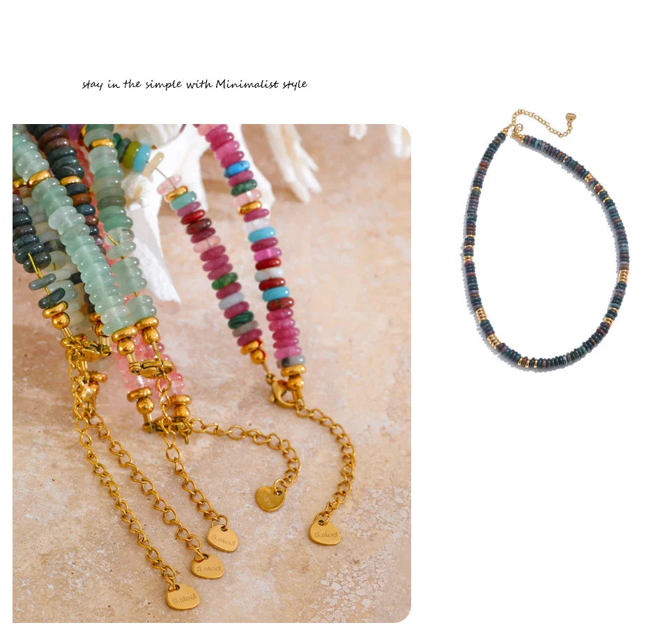Yhpup Colorful Natural Stone Beads Handmade Chain Y2K Fashion Necklace for Women Stainless Steel Waterproof Collar Jewelry Gift
