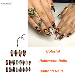 24pcs Dark Black Fake Nails Halloween Theme False Nail Patches Orange Flower Ghost