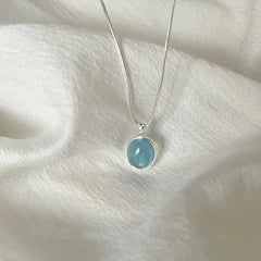 Silver Color Oval Aquamarine Pendant Necklace Ladies Girls Luxury Snake Chain