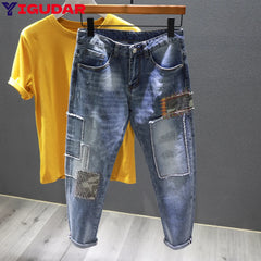 handsome personality retro patchwork jeans men's old patch holes Ripped jeans