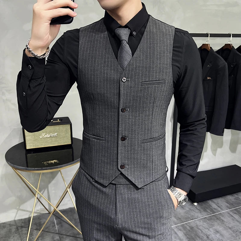 ( Blazer+Vest+Pants ) Brand Striped Men's Casual Business Suit 3Pcs Set Groom's Wedding Slim Suit Male Jacket Waistcoat Trousers