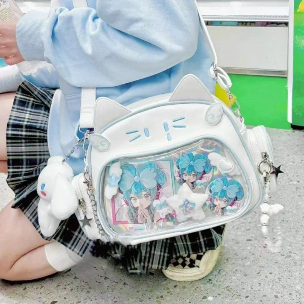 Y2K Korean Kawaii Cat Lolita Bag Cute PU Shoulder Bag Girls Transparent Pocket Harajuku Crossbody Bag Women's Fashion Backpacks