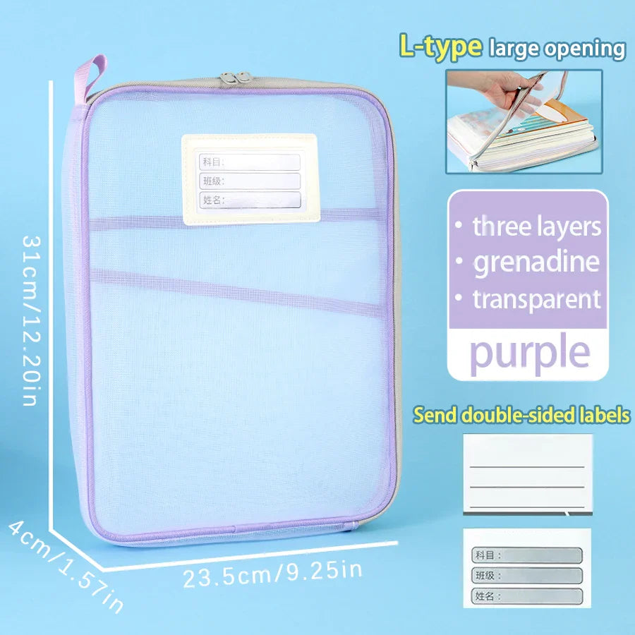 1 Pcs A4 Transparent File Subject Classification Thickened 5 Colors Mesh Simple Hand Storage Bag