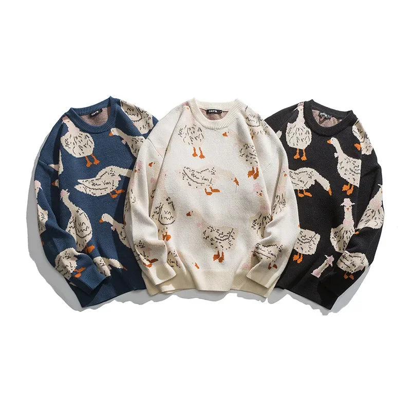 Japanese Knitted Sweater Men Cartoon Animal Duck Goose Print Pullover