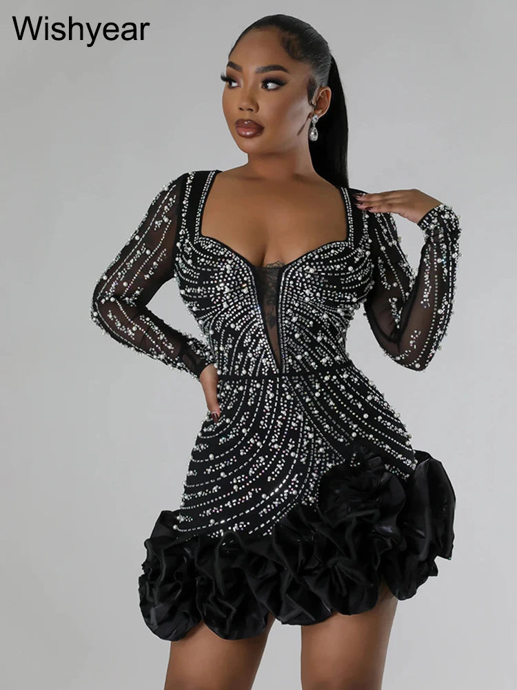Formal attire Dresses: Evening Rhinestone Pearls Bodycon Ruffle Mini Dress