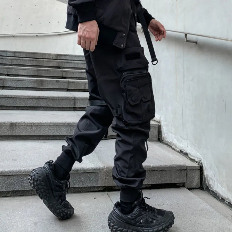 Multi-pockets Ribbons Bandage Tactical Techwear Cargo Pants Mens Harajuku