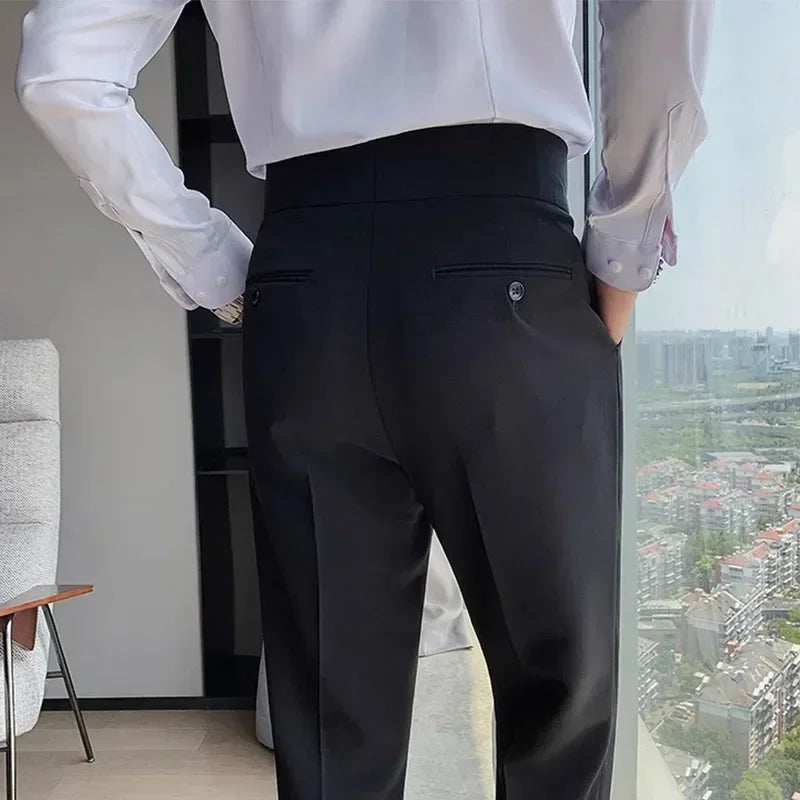 Men Suit Pants Solid Color Slim Fit Spring Autumn Streetwear Elastic Waist Straight Pants