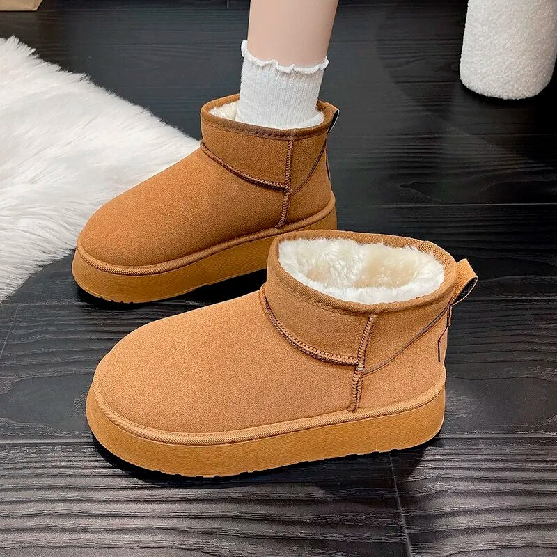 Winter Women Short Plush Warm Snow Boots Flats Casual Shoes Fur Chelsea