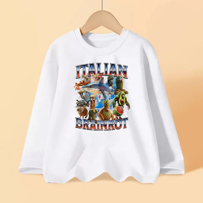 Italian Brainrot Long Sleeve T-shirt for Children Spring and Autumn Cotton Shirt for Boys Girls Cartoon Tops 3-14T