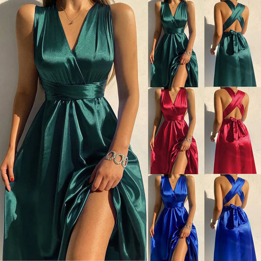 Satin Prom Dress Women Long Elegant Mint Red Solid Backless Sleeveless Party Gown