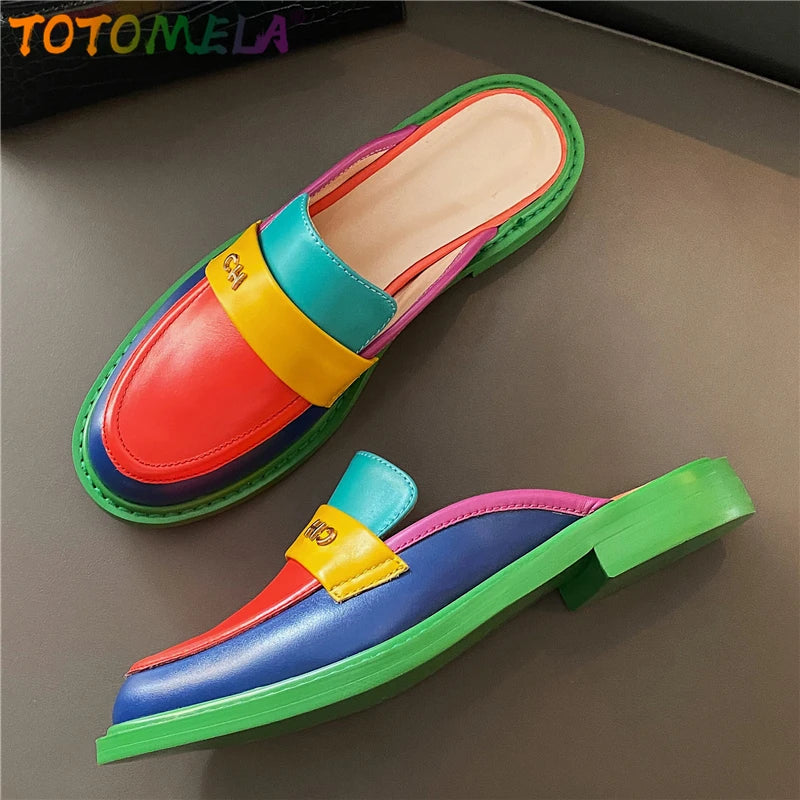 TOTOMELA Plus Size 34-42 New Genuine Leather Shoes Women Slippers Mixed Color Fashion Flat Mules Ladies Brand Summer Shoes