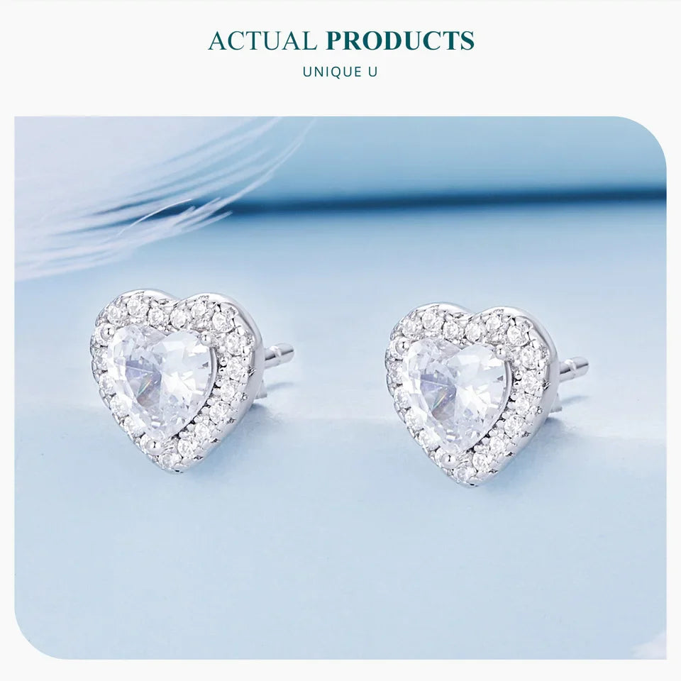 BAMOER Gold Plated Halo CZ Stud Earrings 925 Sterling Silver Hypoallergenic Classic Elegant Heart Earrings Jewellry BSE894