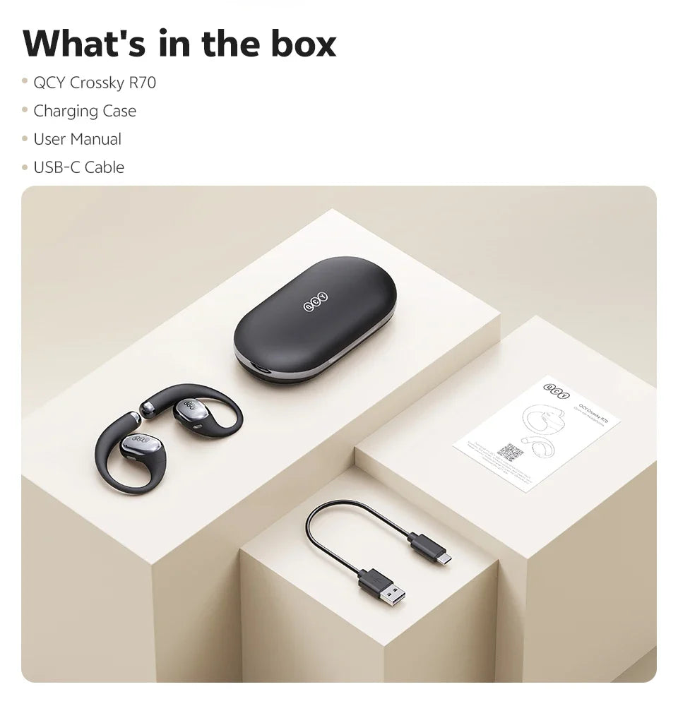 QCY Crossky R70 Open-Ear Wireless Headphones Hi-Res with LDAC OWS Earphones Bass Boost Bluetooth 6.0 Earhook Sport Earbuds 52Hrs