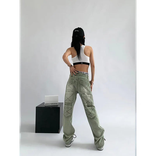 Women's Green Jeans Vintage Washed Multiple Pockets Wide Leg Pants